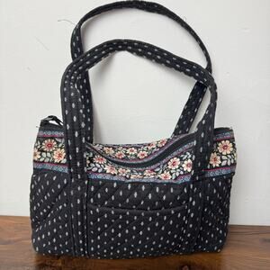 Vera Bradley Quilted Shoulder Bag Black Floral Zip Tote Purse Handbag